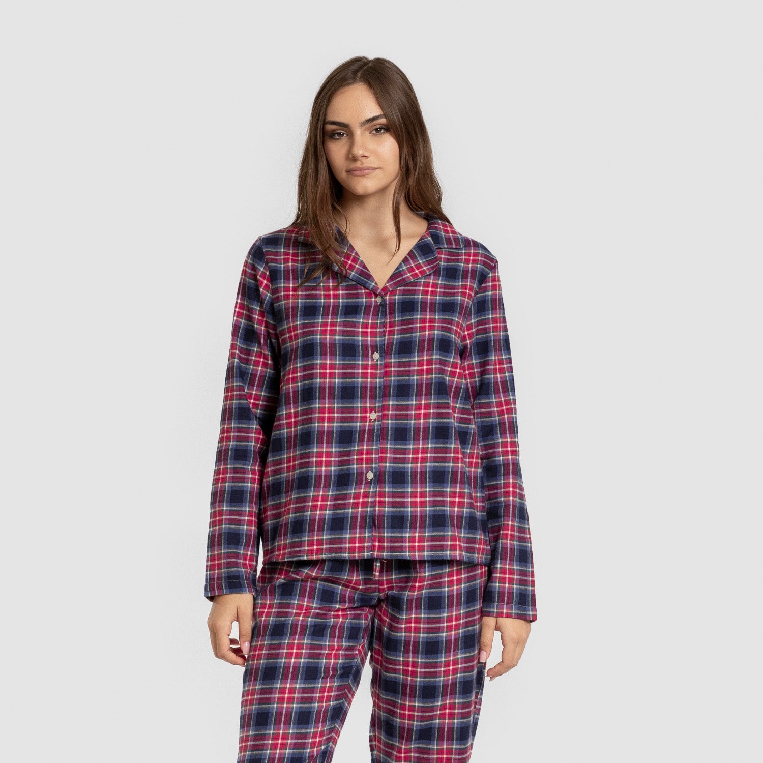 Pijama feminino de flanela de manga comprida, estilo camisa, xadrez Hemerito azul.