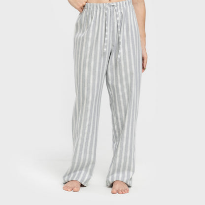 Pijama feminino de flanela de manga comprida, estilo camisa, listrado Marseille, azul-petróleo.