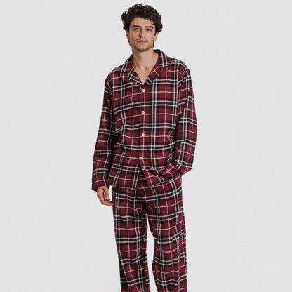 Pijama masculino de flanela de manga comprida, xadrez Sauron bordô.