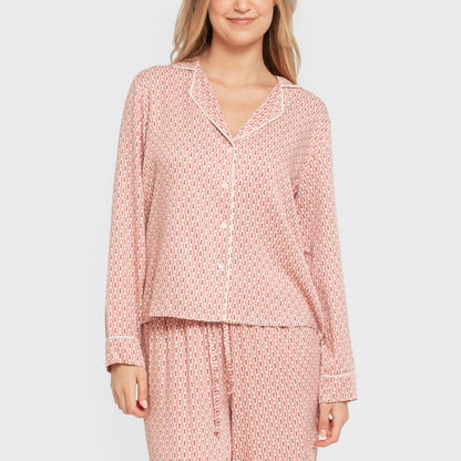 Pijama feminino Leonor Marsala em viscose, estilo camisa, manga comprida.