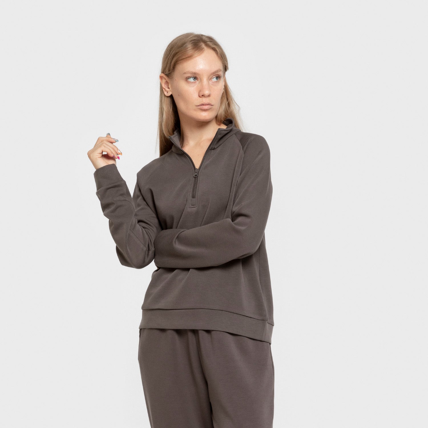 Blusa de moletom feminina com meio zíper, estilo modal, cinza carvão