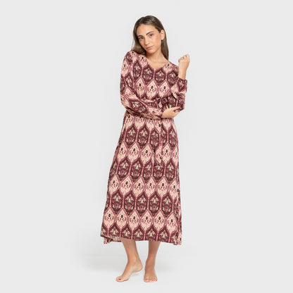 Vestido midi em viscose ceramida com mangas compridas em V.