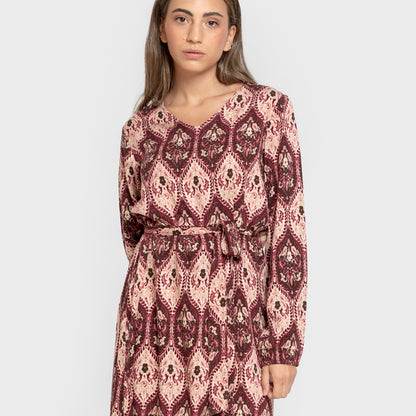 Vestido midi em viscose ceramida com mangas compridas em V.