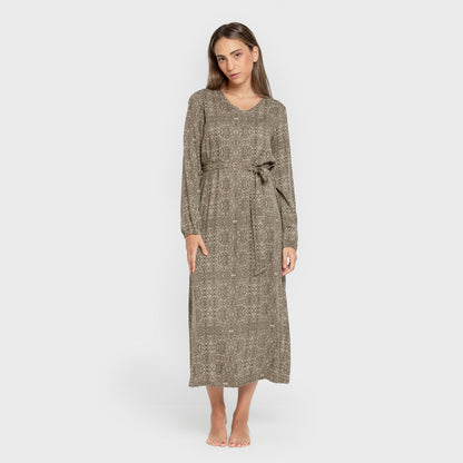 Vestido midi de manga comprida em viscose com decote em V e estampa de dálias em verde-caça.