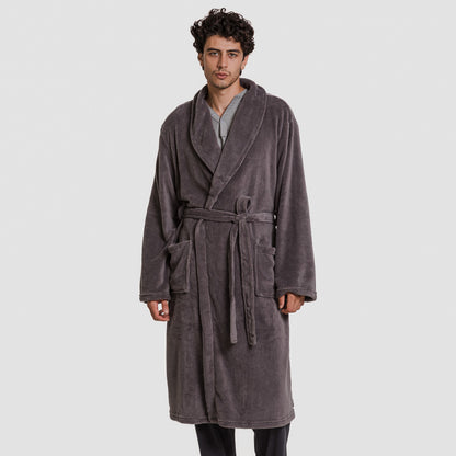 Roupão masculino liso de lã coral, cinza