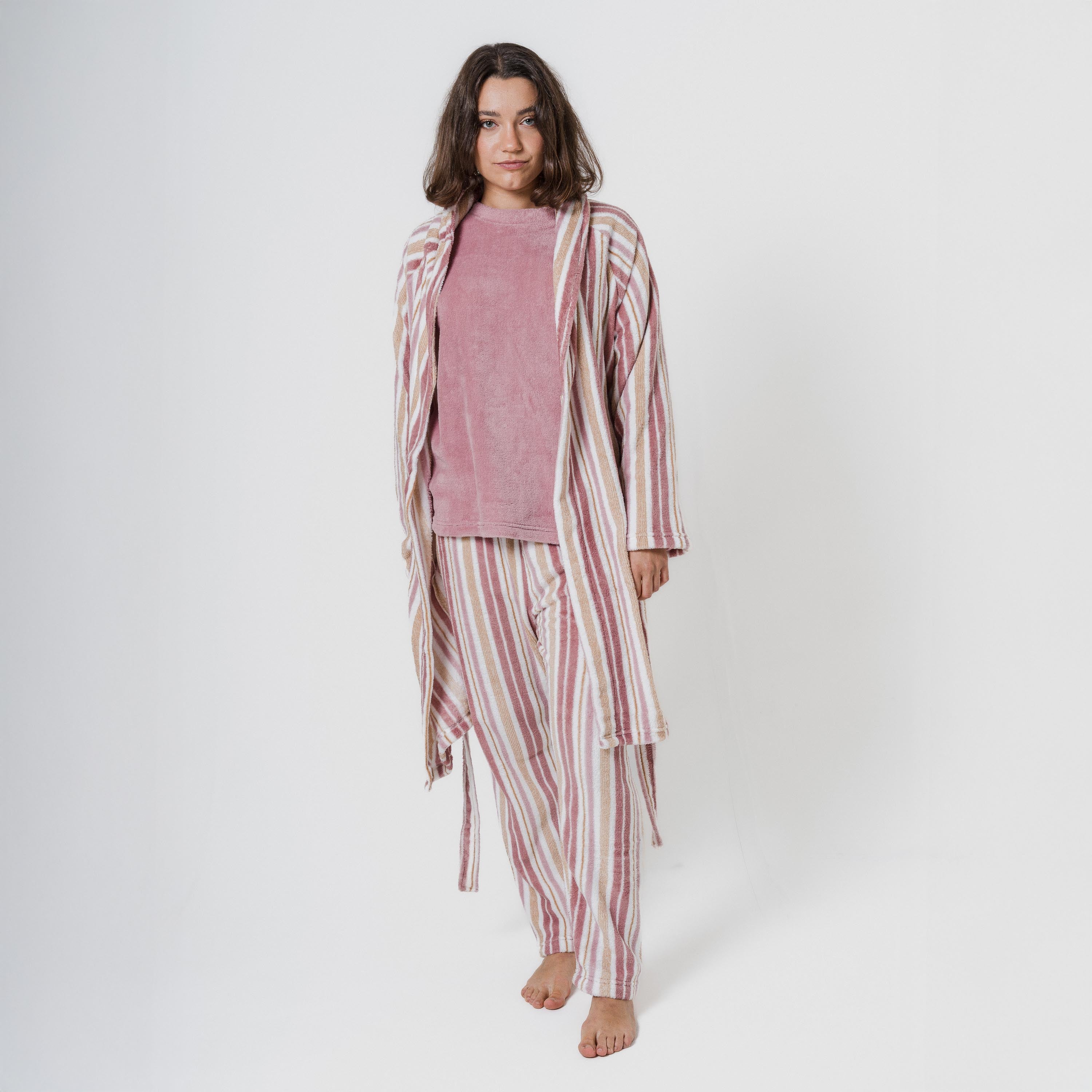 Robe listrada em coral com estampa de calêndula rosa