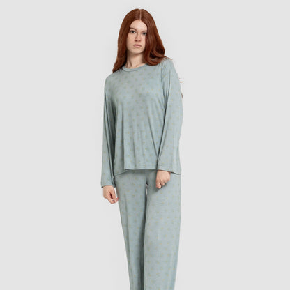 Pijama longo feminino de viscose, cor azul-turquesa, perfeito para a primavera.