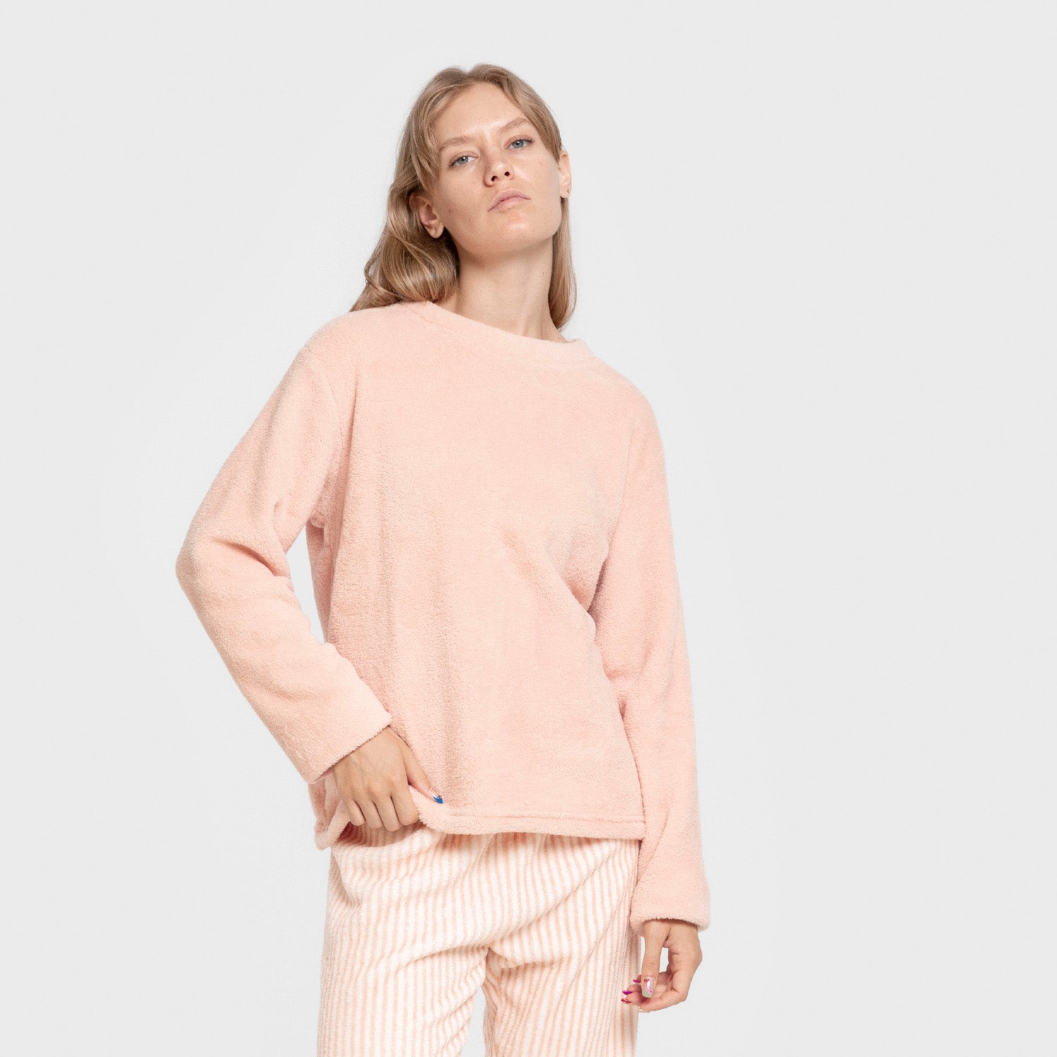 Pijama coral, listrado, cor de pomba, pêssego