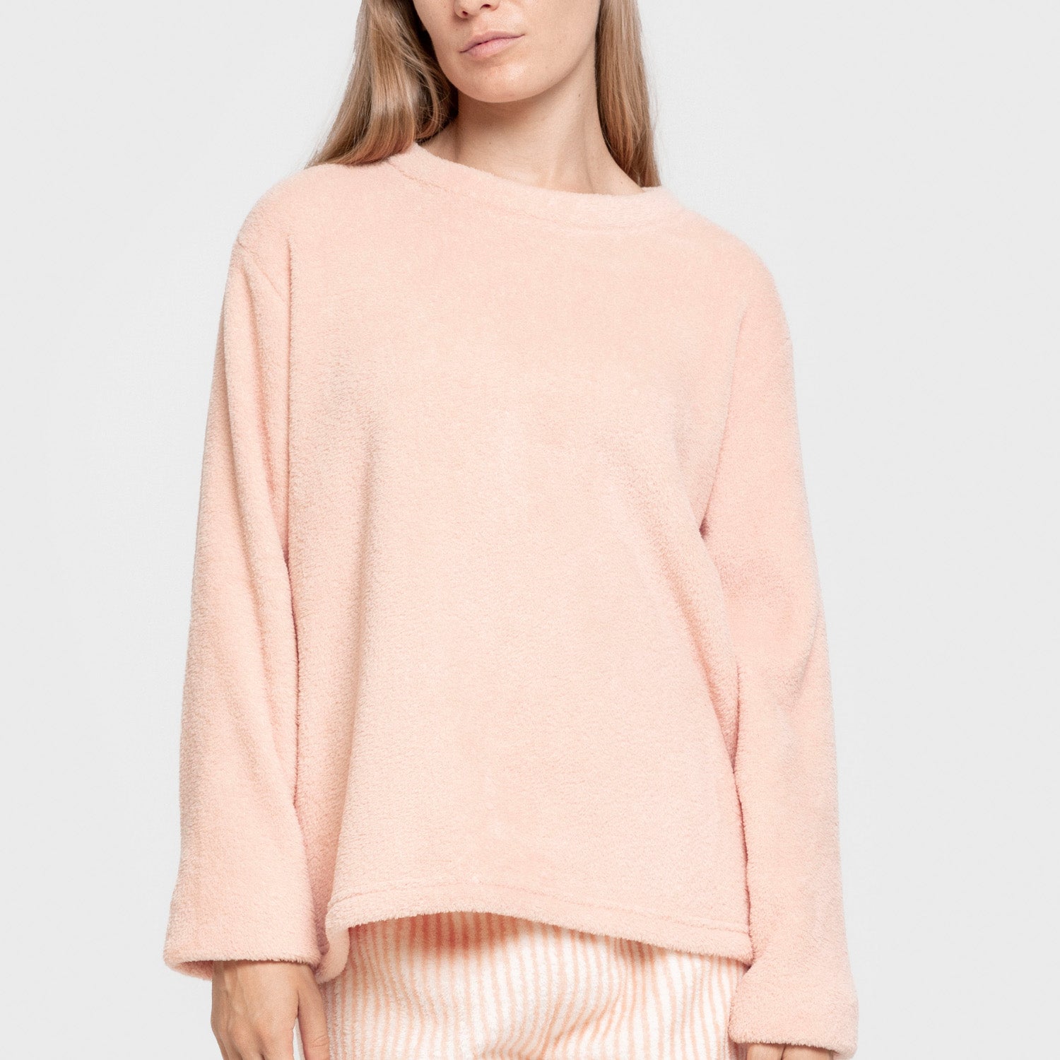 Pijama coral, listrado, cor de pomba, pêssego