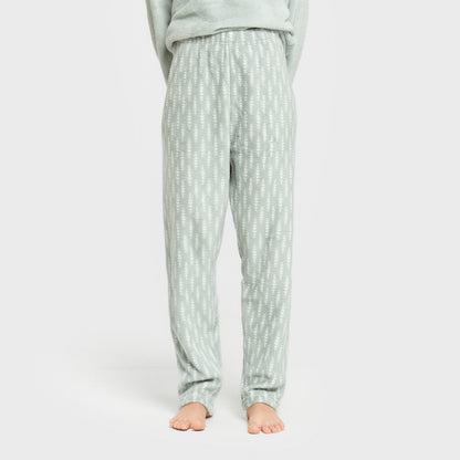 Pijama coral com estampa espinha de peixe verde Tiffany.