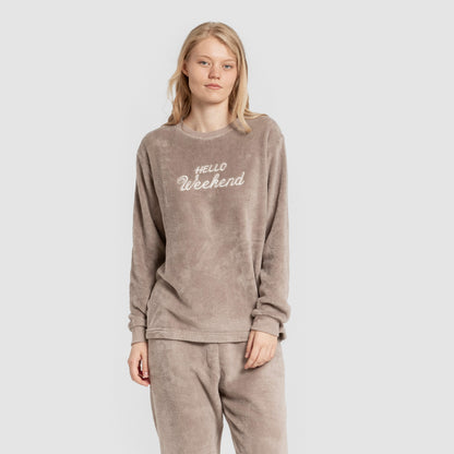 Pijama feminino Hello Weekend em fleece coral com punhos, marrom